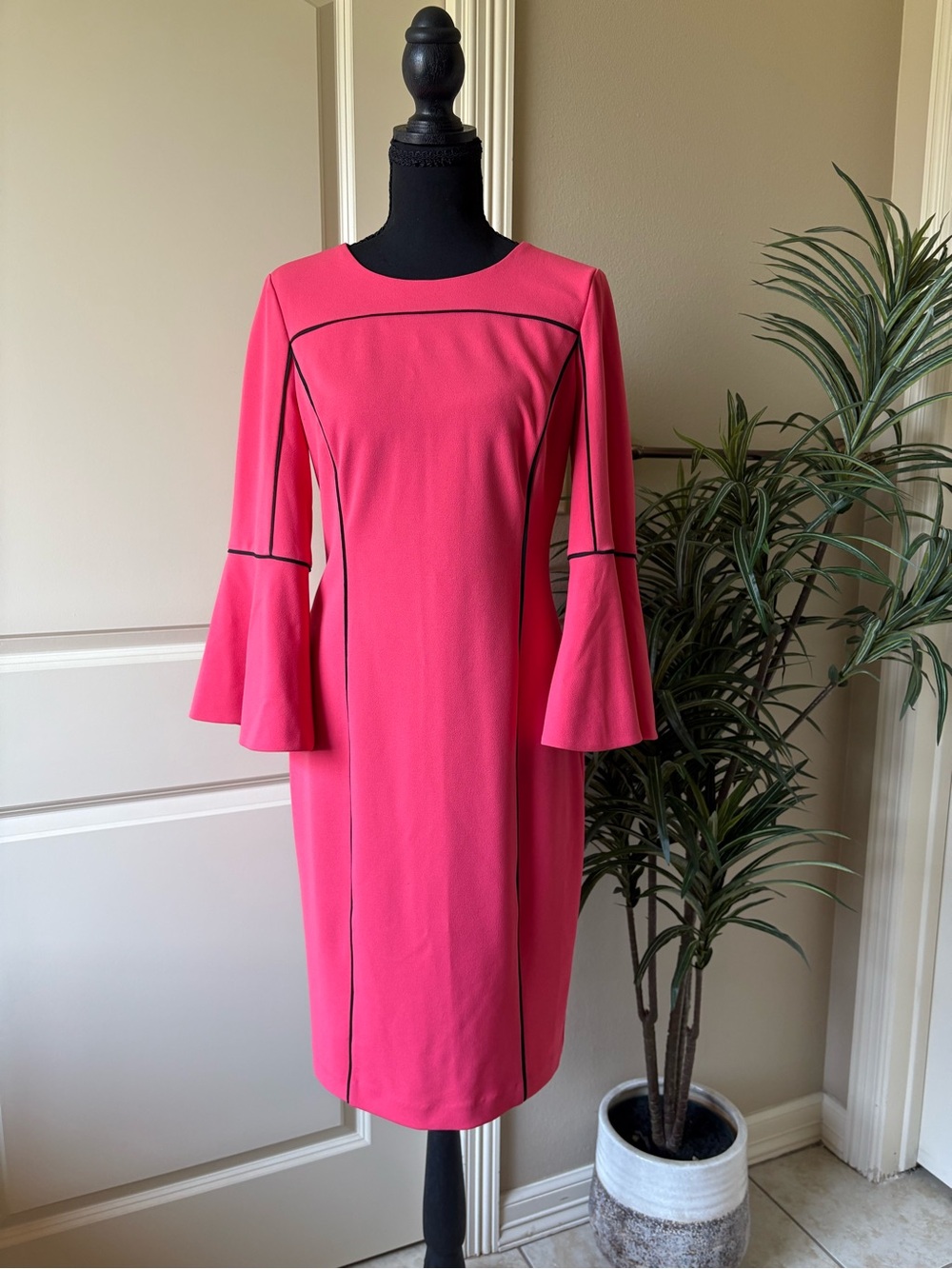 Calvin Klein Hot Pink Midi Dress with Black Piping